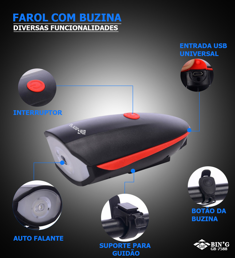 Farol Com Buzina 120db Led XPG Bateria Recarregável