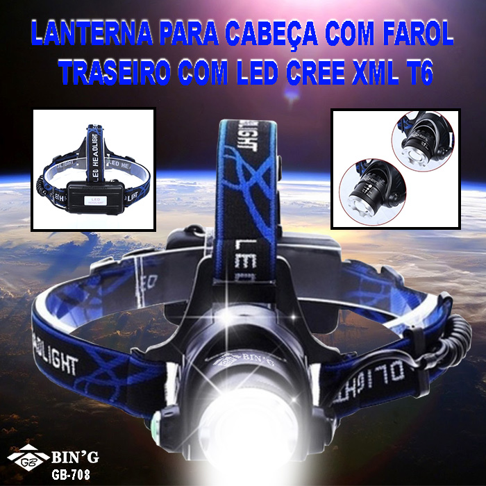Lanterna para Cabeça com Farol traseiro - LED T6