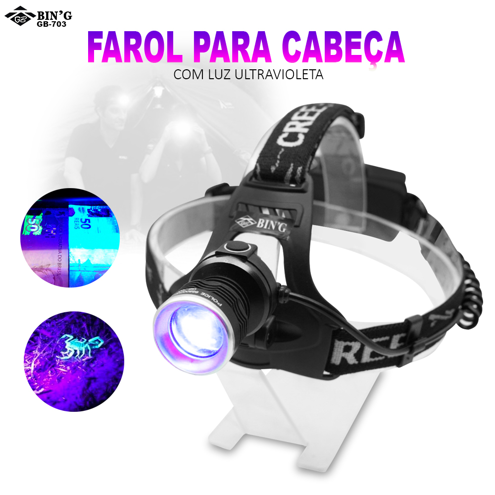 Farol Para Cabeça 2 LEDS Q5+ UV GB-703